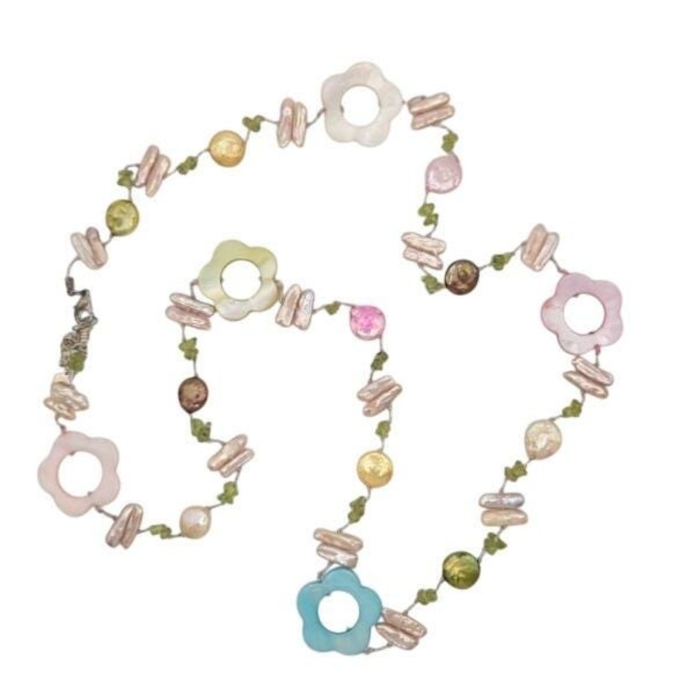 Peridot, Baroque Freshwater Pearl, and Shell Flower Beaded Necklace Fun Quirky‎
